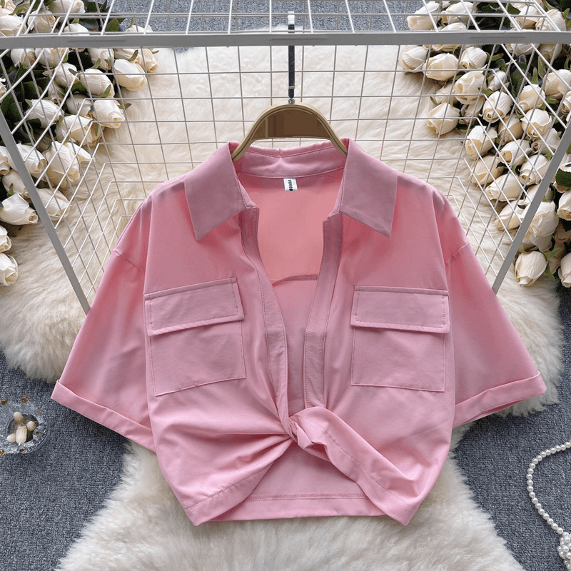 Women's Clothing Lapel Short Sleeved Shirt Summer V Neck Twist Design Shirt