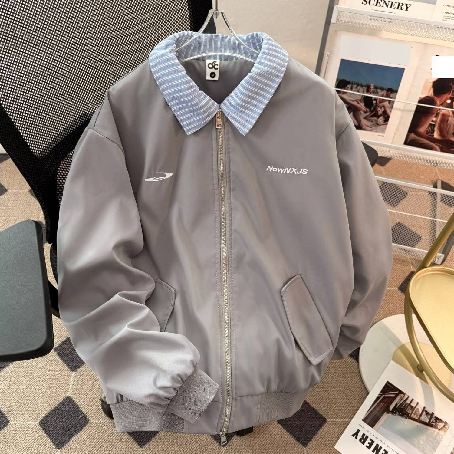 ​Men's Casual Loose Fit Embroidered Logo Plaid Lapel Two-Tone Jacket - Breathable Polyester Blend, Windproof, Versatile For Daily Wear