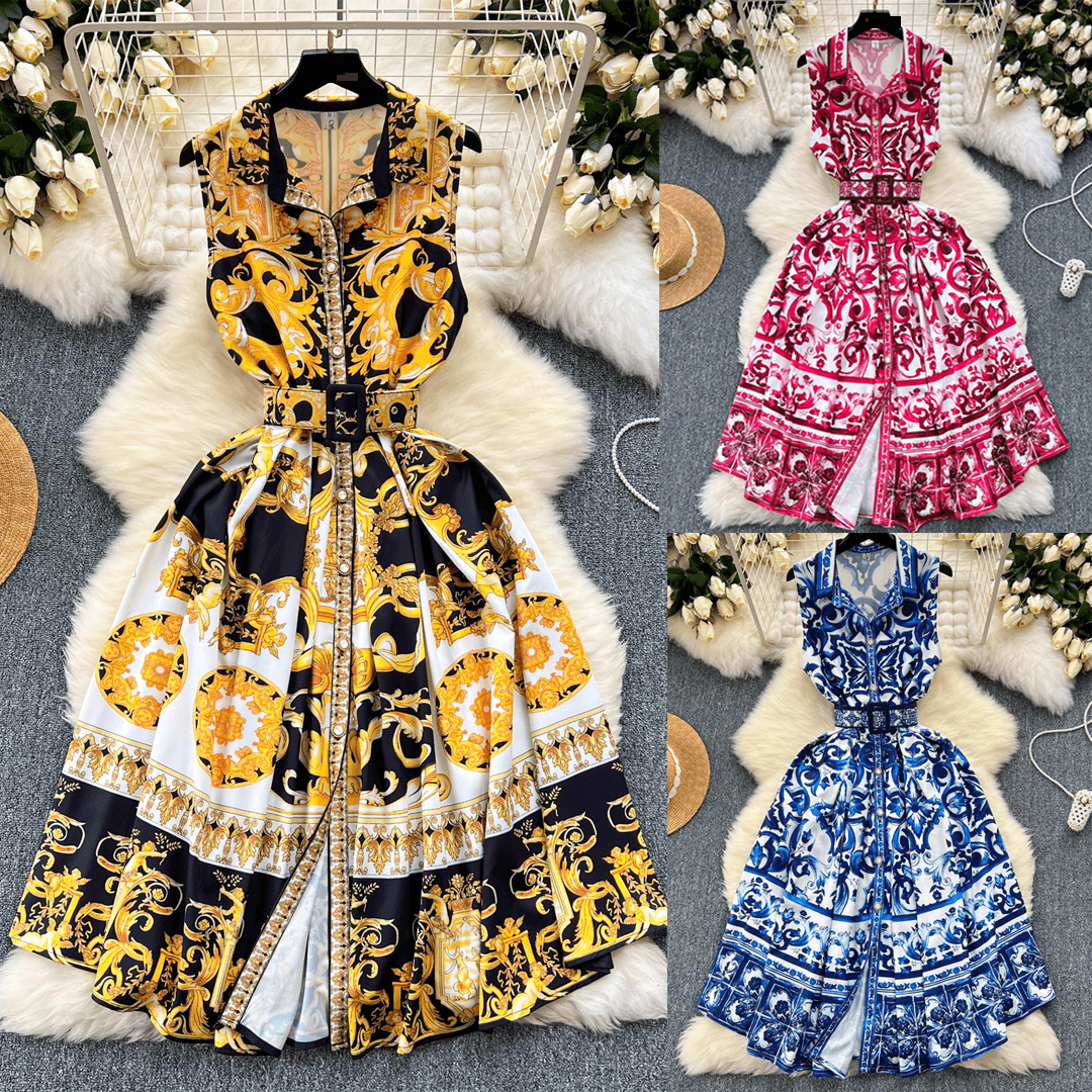 Women's High-end Dress, Luxurious Palace Retro Print, Puff Sleeves, Lace-up Waist, Slimming And Elegant, Long Skirt With Full Skirt