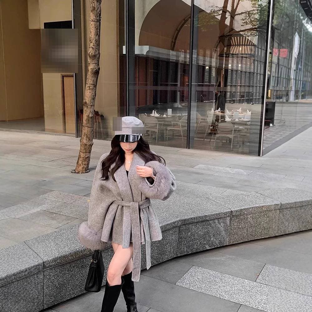 French-Inspired Belted Wool Coat With Faux Fur Cuffs – Elegant Trench Coat For Women (S-XXL, Grey/Beige)