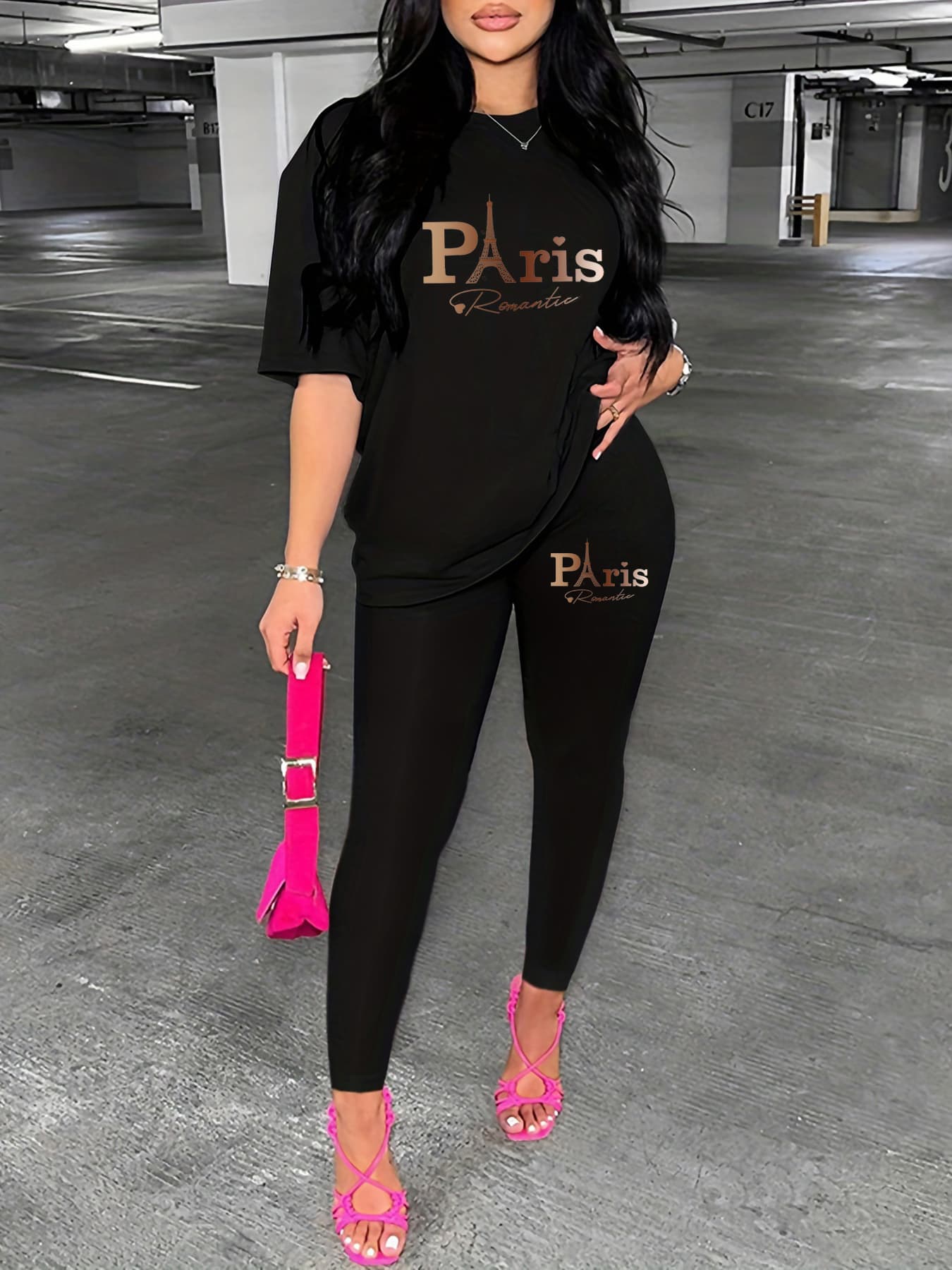 Women's Casual Loose And Fashionable Paris Pattern Print Loose T-shirt+cropped Pants Two-piece Home Sportswear Daily Wear-425