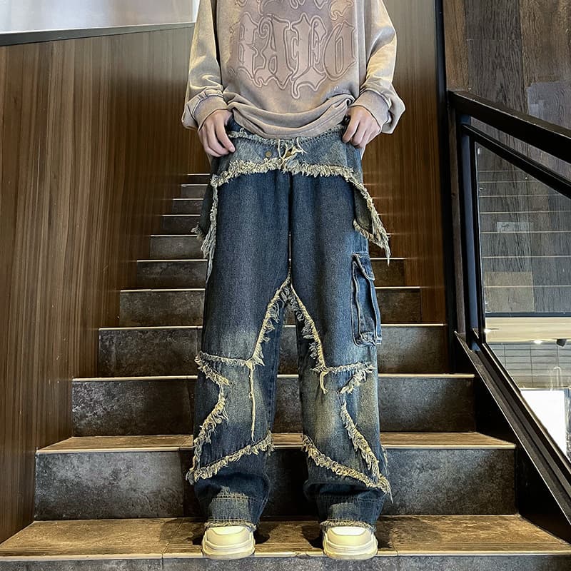 Men's Clothing European and American heavy duty high street jeans for men in autumn American street hip hop design loose retro wide leg overalls