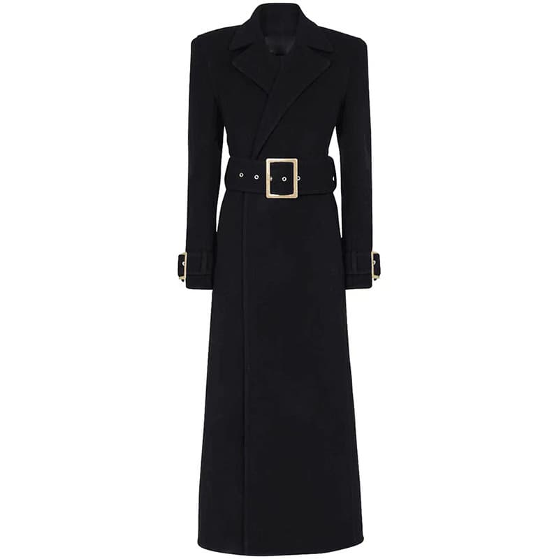 Elegant Long Wool Coat With Belt - Double Breasted Trench Coat For Women, Classic Checkered Pattern, Slim Fit Office Wear, Fashion Outerwear