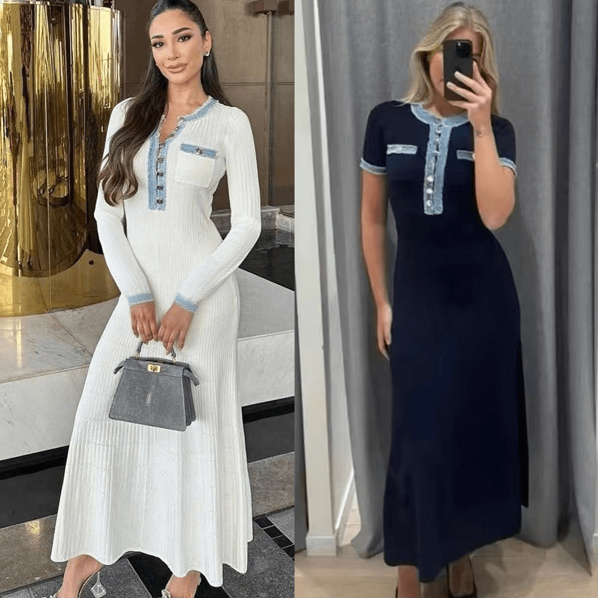 Women's Clothing Summer New Denim Splicing Knitted Long Skirt Tight Short Sleeve Waist Slim Dress