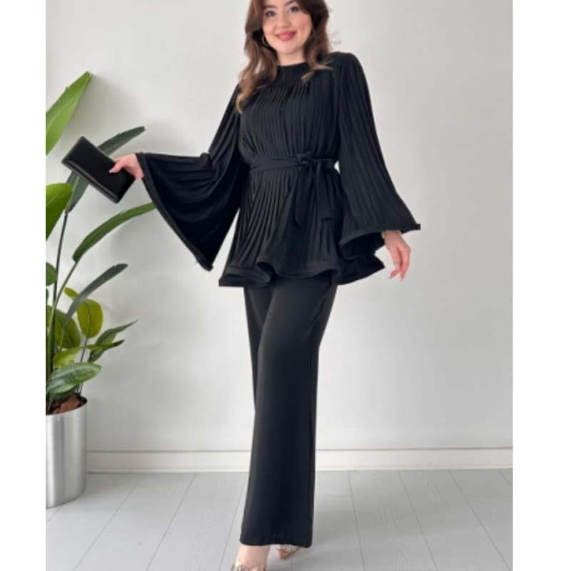 Women's Clothing suits fashion lace-up pleated loose tops wide-leg pants two-piece suit