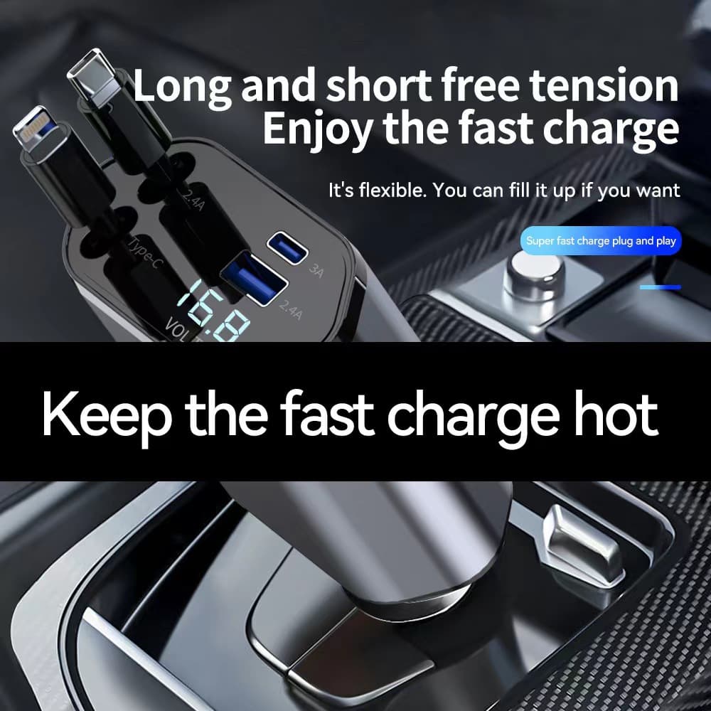 Car charger 120W super flash extendable cable four in one car cigarette lighter PD fast charging universal