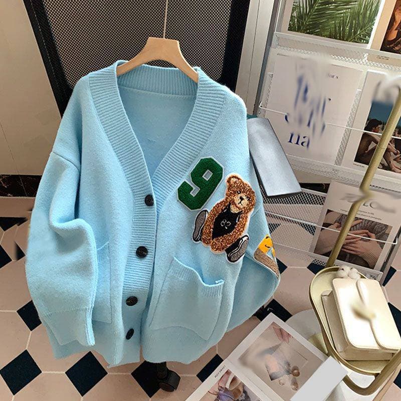 Women's Clothing Cartoon Bear Sweater Jacket Women 2024 Autumn And Winter New Version Lazy Style Loose Versatile Knitted Cardigan