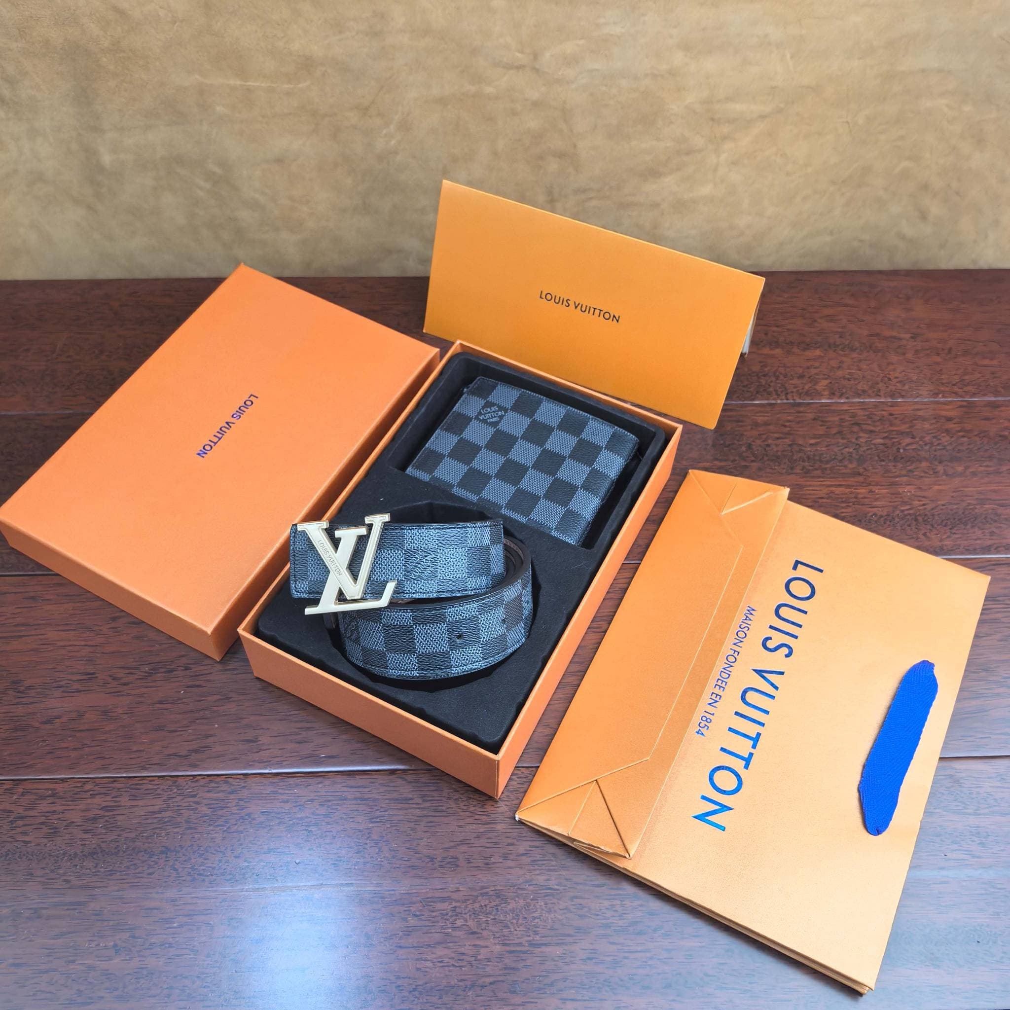 Ensemble ceinture et portefeuille pour homme, marque de luxe, ceinture en cuir à boucle, portefeuille court avec boîte