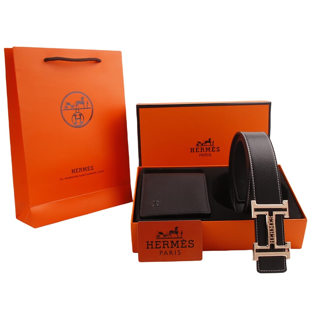 Ensemble portefeuille et ceinture pour homme en cuir noir avec boucle en H