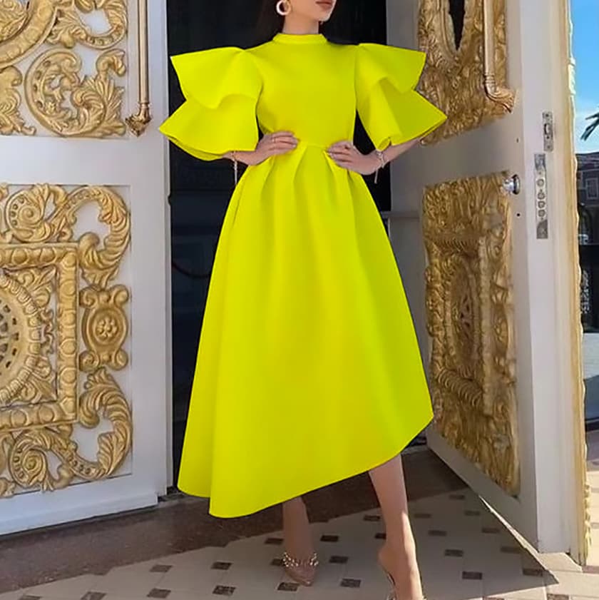 Vêtements pour femmes, nouvelle collection été, double couche, manches en feuille de lotus, couleur unie, robe irrégulière, jupe