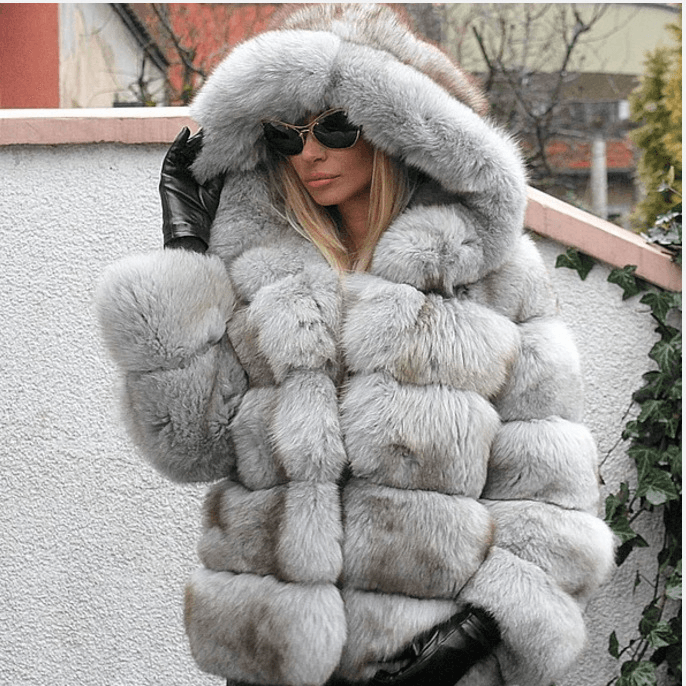 Women's Fashion Patchwork Warm Hooded Imitation Fur Coat