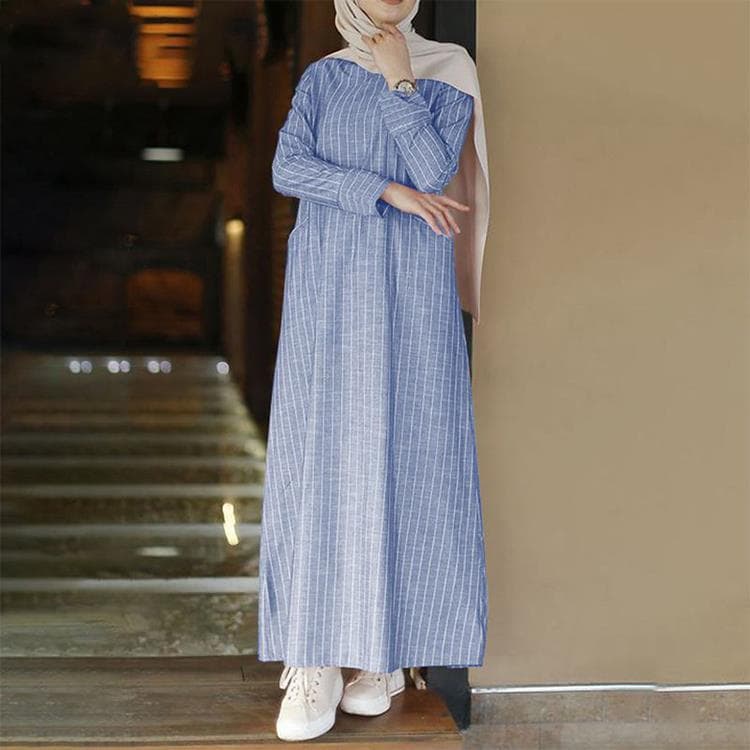 Women's literary and artistic national style retro women's cotton and linen pullover round neck A-line skirt dress