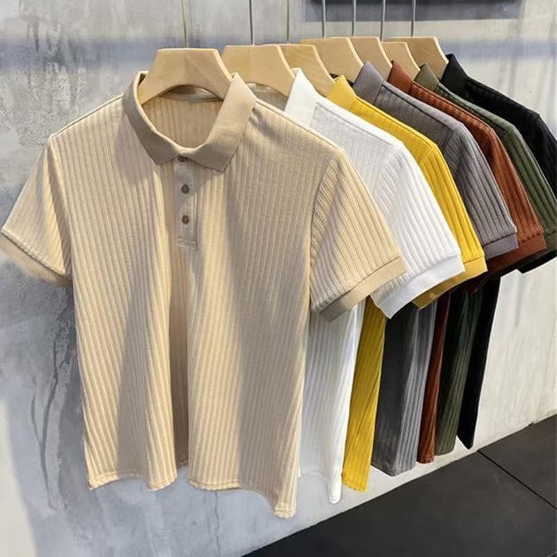 Men's Clothing Poio Shirt Solid Color Short Sleeved Lapel Sweater Slim Tops Ribbed Casual All Match Shirt