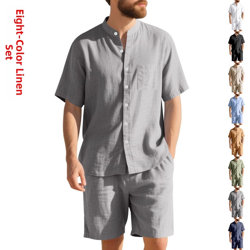 Men's Clothing Summer Linen Loose Fit Henley Collar Beach Shirt Set Short Sleeve Shorts