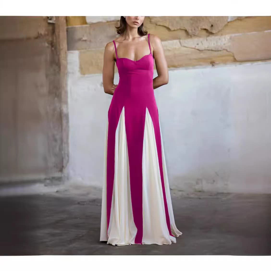 Women's clothing fashion contrast color stitching waist slim suspender dress