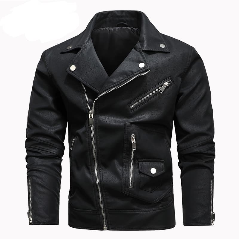 Men's diagonal zipper large lapel pigskin PU men's slim fit trendy jacket