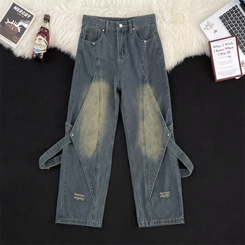 Vintage Washed High Street Denim Jeans For Men | Relaxed Straight-Leg Trousers With Distressed Details | Classic Blue & Black Cotton Blend Pants​