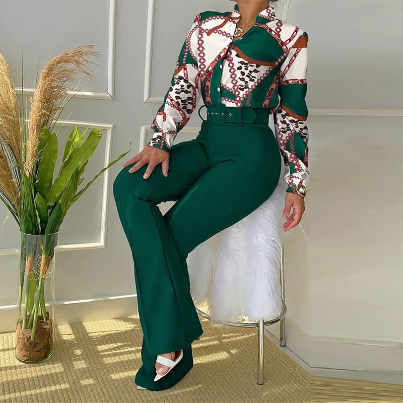 Women's Casual Printed Suit Stand Collar Long-Sleeved Shirt Top Wide-Leg Pants Two-Piece Set