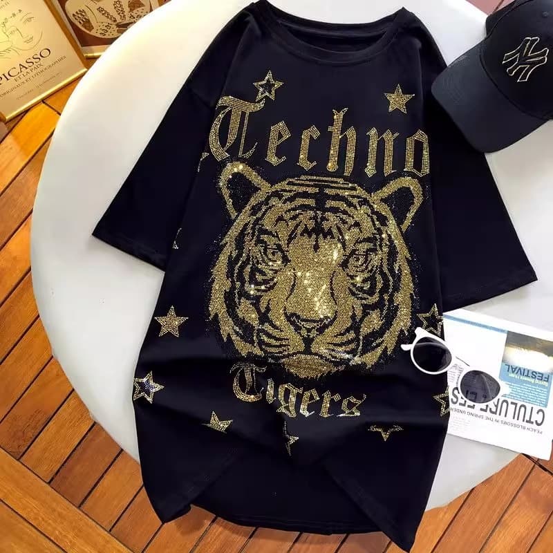 large size 2-300 pounds heavy industry full diamond tiger head back wings hot diamond short-sleeved t-shirt women's black top trendy