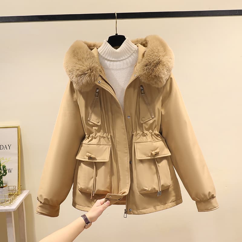 Women's Clothing Horn button parka women's autumn and winter new slim down cotton jacket fashionable plus velvet thick fur coat