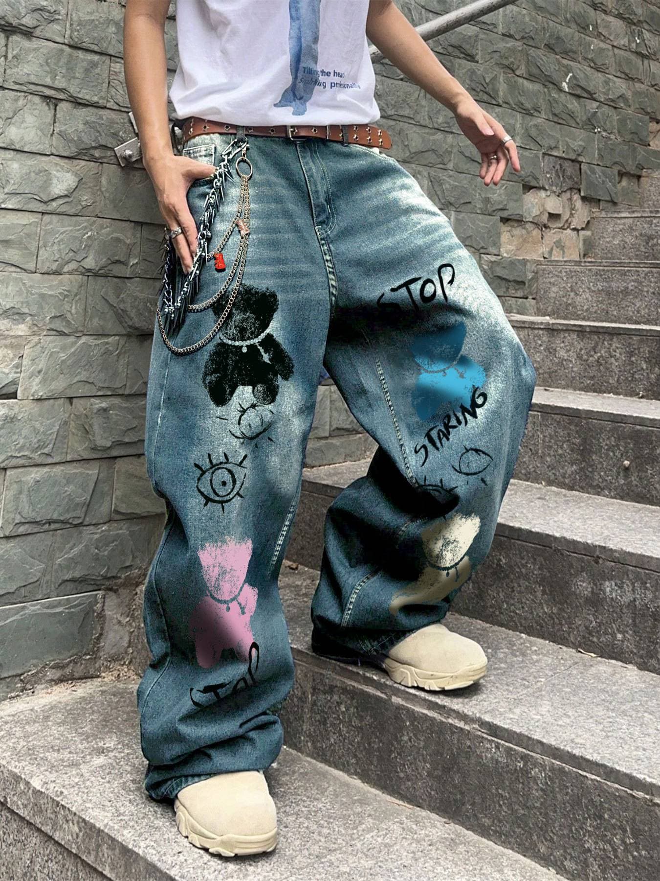 Men's Clothing Simple Loose Straight Jeans Wide Leg Ripped Handsome Denim Straight Pants