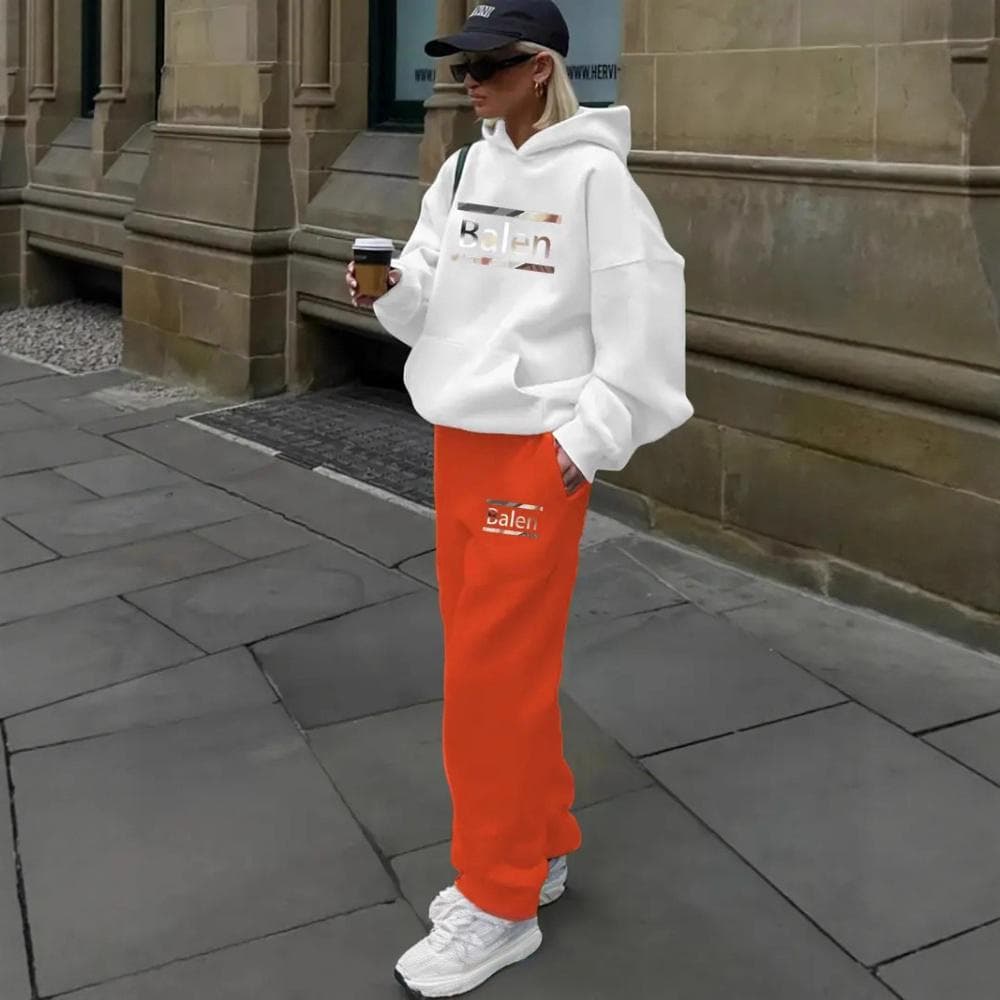 Women's Clothing Casual Hoodie Sweatshirt 2-Piece Set With Letter Print, Loose Fit, Long Sleeve, Winter Fashion, Streetwear (White/Blue, White/Brown)
