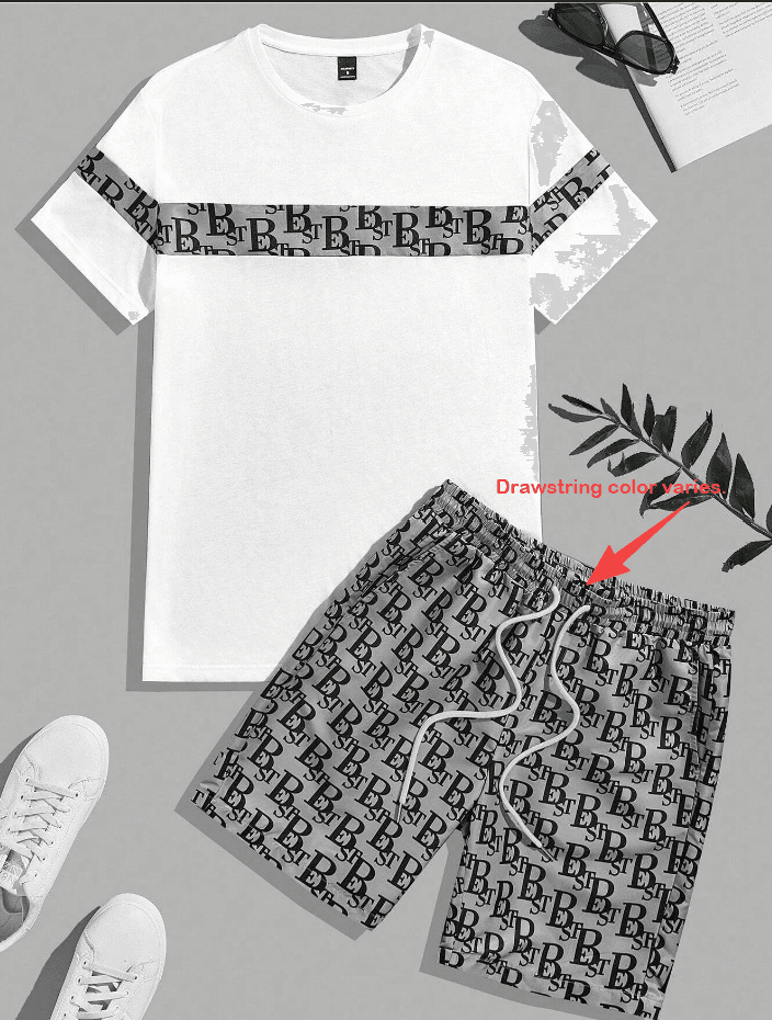 Ensemble t-shirt et short d'été tendance pour homme, manches courtes, en coton et polyester gaufré gris, coupe classique.