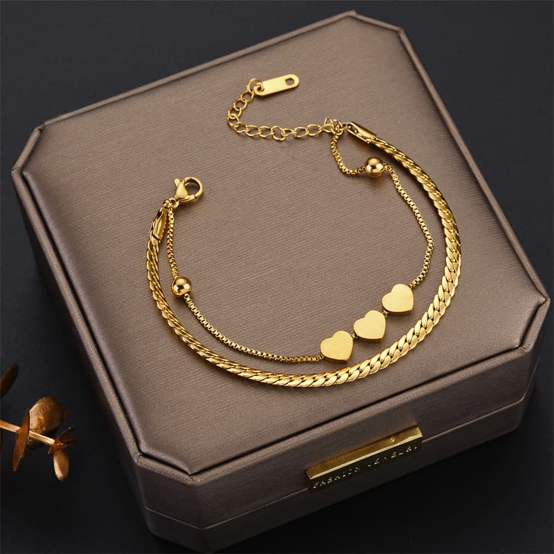 High Quality Romantic Heart Stainless Steel Bracelet for Women Charm Gold Color Snake Chain Layered Bracelet Jewelry Girlfriend Gift