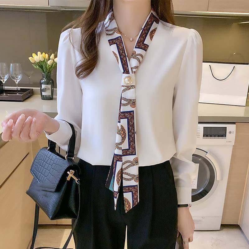 Women's Clothing Small Collar White Shirt Long Sleeve Top Temperament Tie Professional Shirt