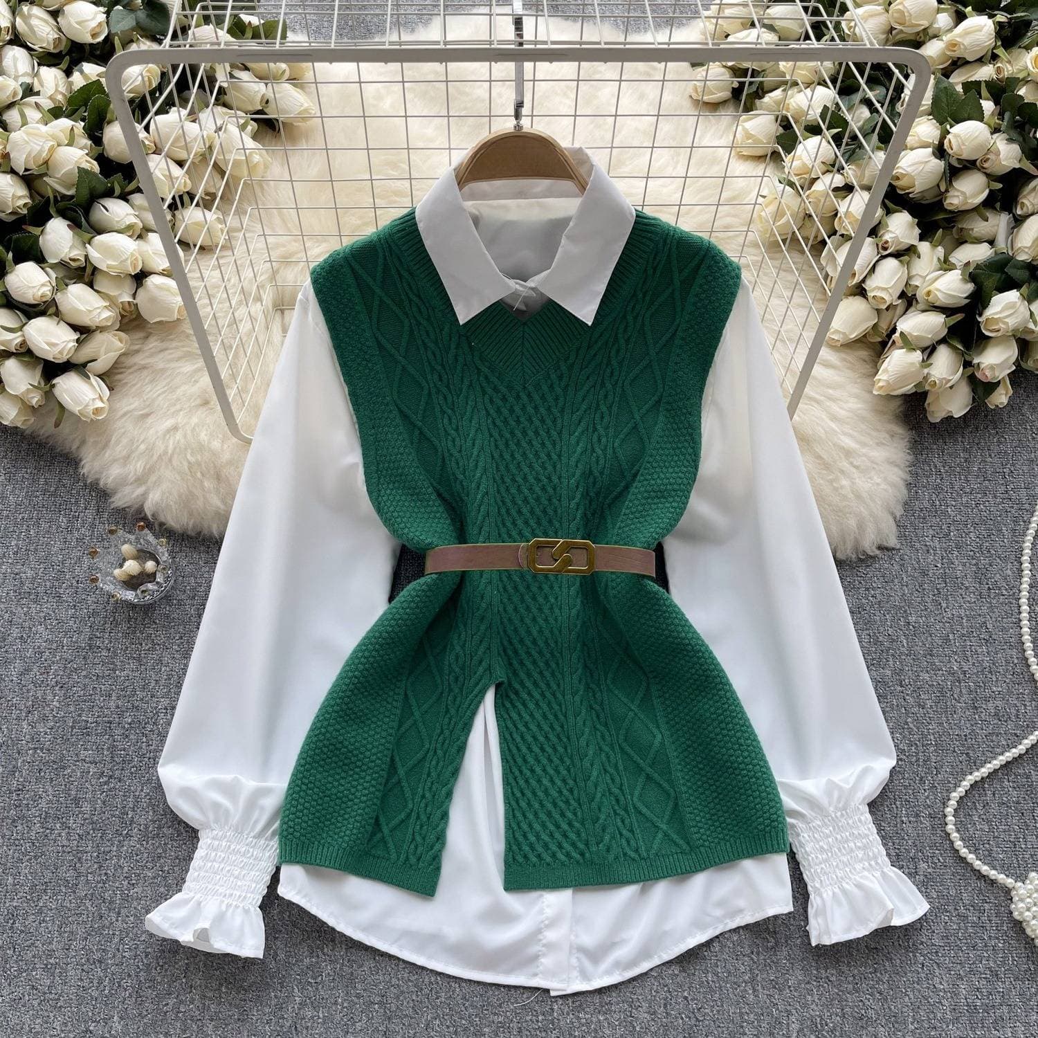 Women's Clothing Temperament Fashion Suit Female Casual Loose Long Sleeved Shirt + Waist V Neck Sleeveless Knitted Vest Two Piece Suit