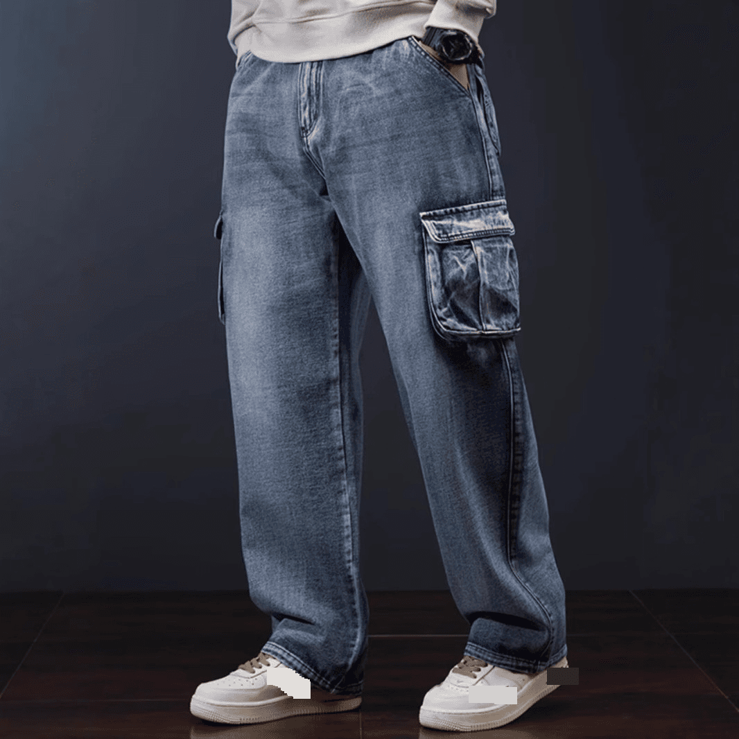 ​​Men's Hip Hop Baggy Jeans Overalls - Washed Blue Denim Wide Leg Loose Fit Pants With Multi-Pockets | Streetwear Fashion​​