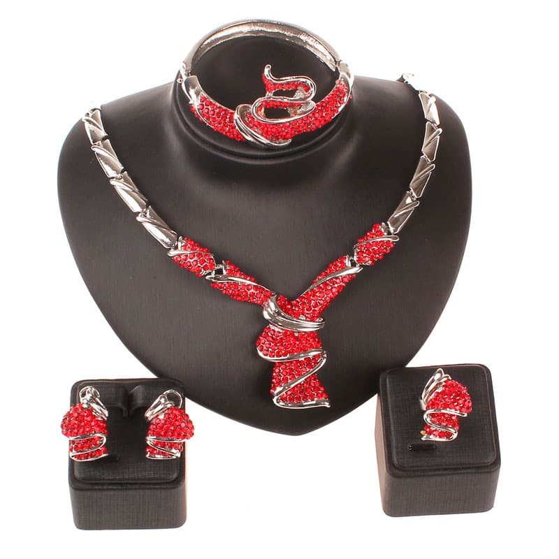 African bead for women party accessories silver plated Red Rhinestone Wedding necklace earring jewelry sets