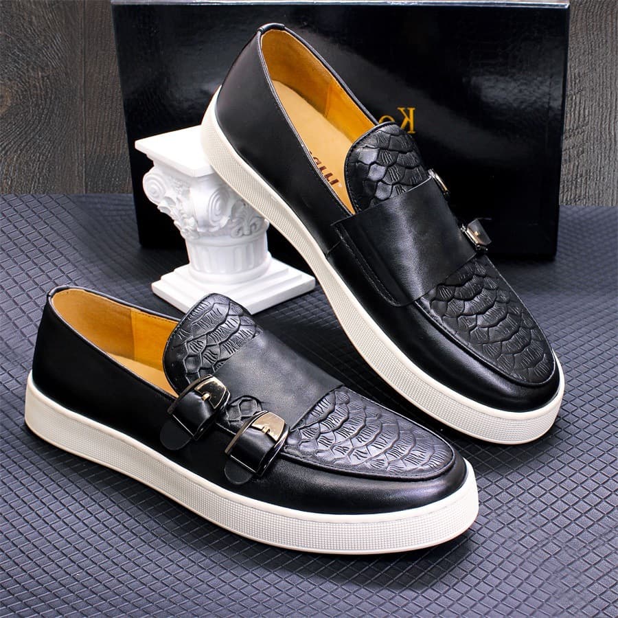 Men's Shoes Double Buckle Casual Leather Shoes Genuine Leather Loafers Men's Comfortable Flat Shoes Daily Versatile Slip On