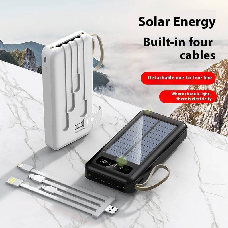 Kodi Solar Power Bank 30000mAh With Built-in Cables, Portable Charger For Outdoor Camping, Hiking, Travel, Emergency Backup (Black/White)