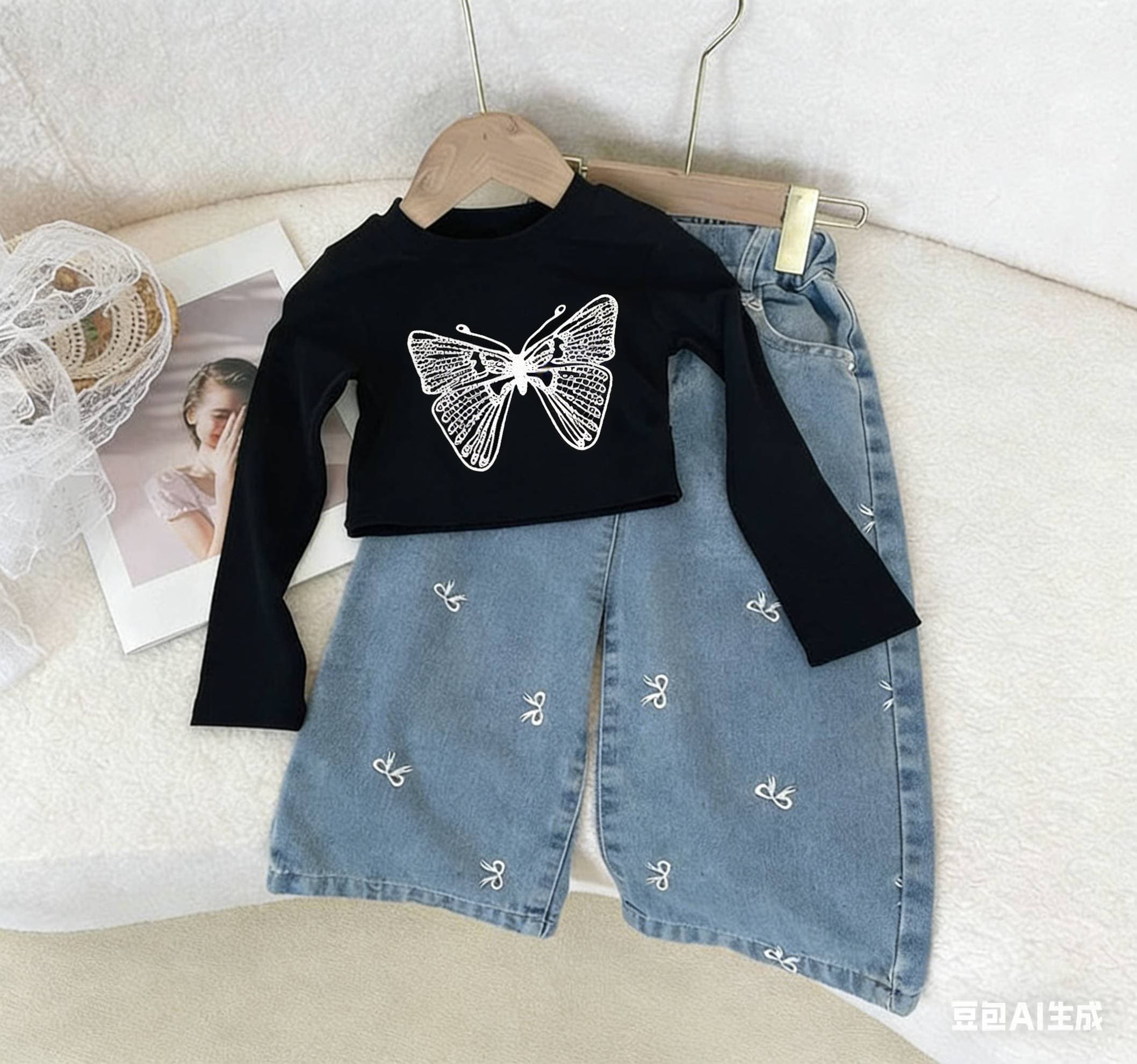 Mother & Kids Girls Spring And Autumn Fashion Butterfly Long Sleeve T Shirt + Bow Jeans Two Piece Set
