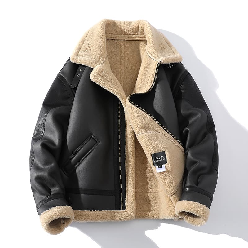Lapel fur all in one jacket for men in winter, velvet thickened sheepskin short leather jacket handsome motorcycle suit fur