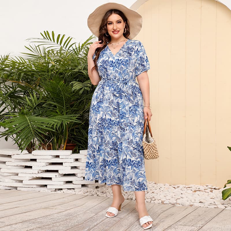 plus Size V-neck Floral Dress Beach Vacation Loose Waist Long Women's Fashion Casual Maxi Dress