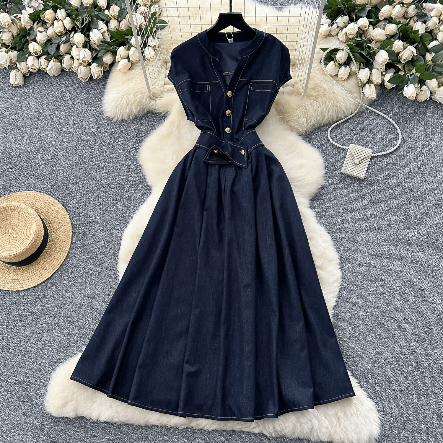 Women's Clothing Retro V Neck Metal Buttoned Exposed Waist Temperament Sleeveless Dress For Women Summer Slim Elegant Denim Long Skirt