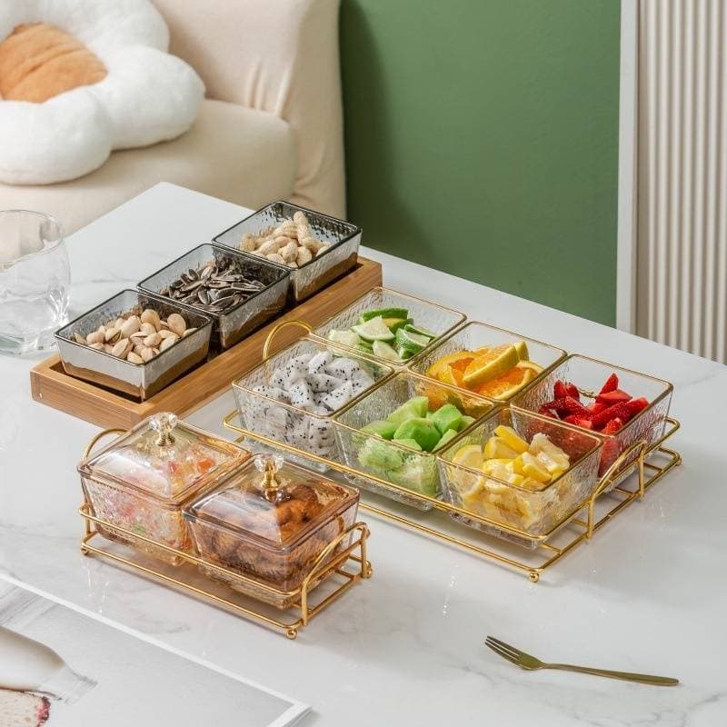6-Section Glass Serving Tray - Elegant Snack & Fruit Platter For Entertaining (Dishwasher Safe Non-Slip Base Perfect For Nuts Candy & Appetizers)​