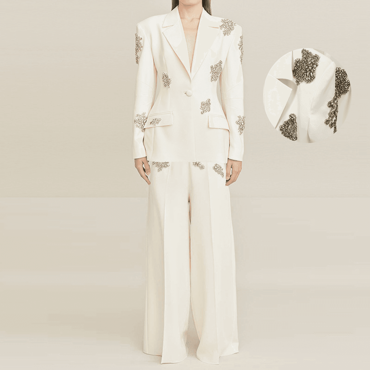 Women's Clothing Fashion New Heavy Beaded Diamond One Button Suit Jacket Wide Leg Pants Suit Two Pieces