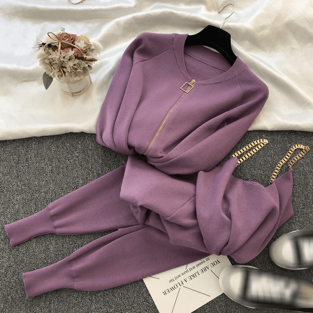 Women's Knitted Suit Vest, Jacket, Elasticated Pants, Fashionable Three-piece Suit