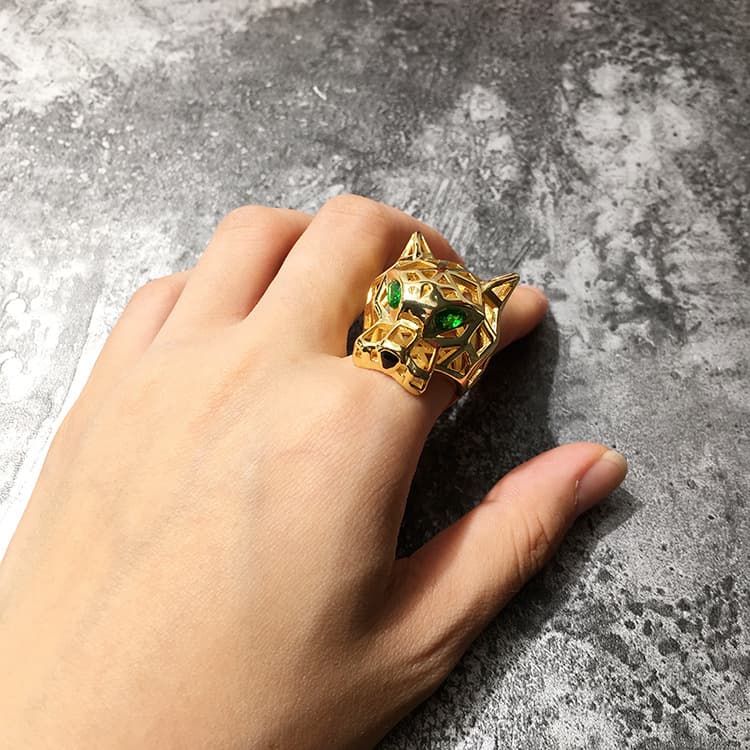 Silver/Gold Plated Hollow Panther Head Ring With Green Zircon Eyes Adjustable Statement Party Jewelry Size 6-9 Unisex Wedding Finger Ring