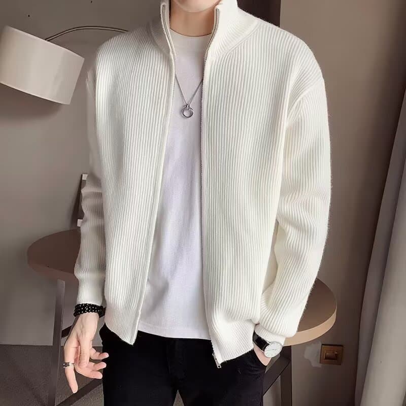 ​​Men's Stand Collar Zip-Up Cardigan – Heavyweight Knit Sweater (Gray/Apricot/Black, M-XXXL)​​