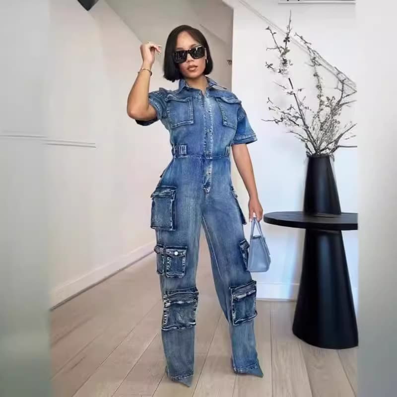 Women's Clothing Washed Overalls Multi Pocket Button Denim Jumpsuit Short Sleeved Trousers