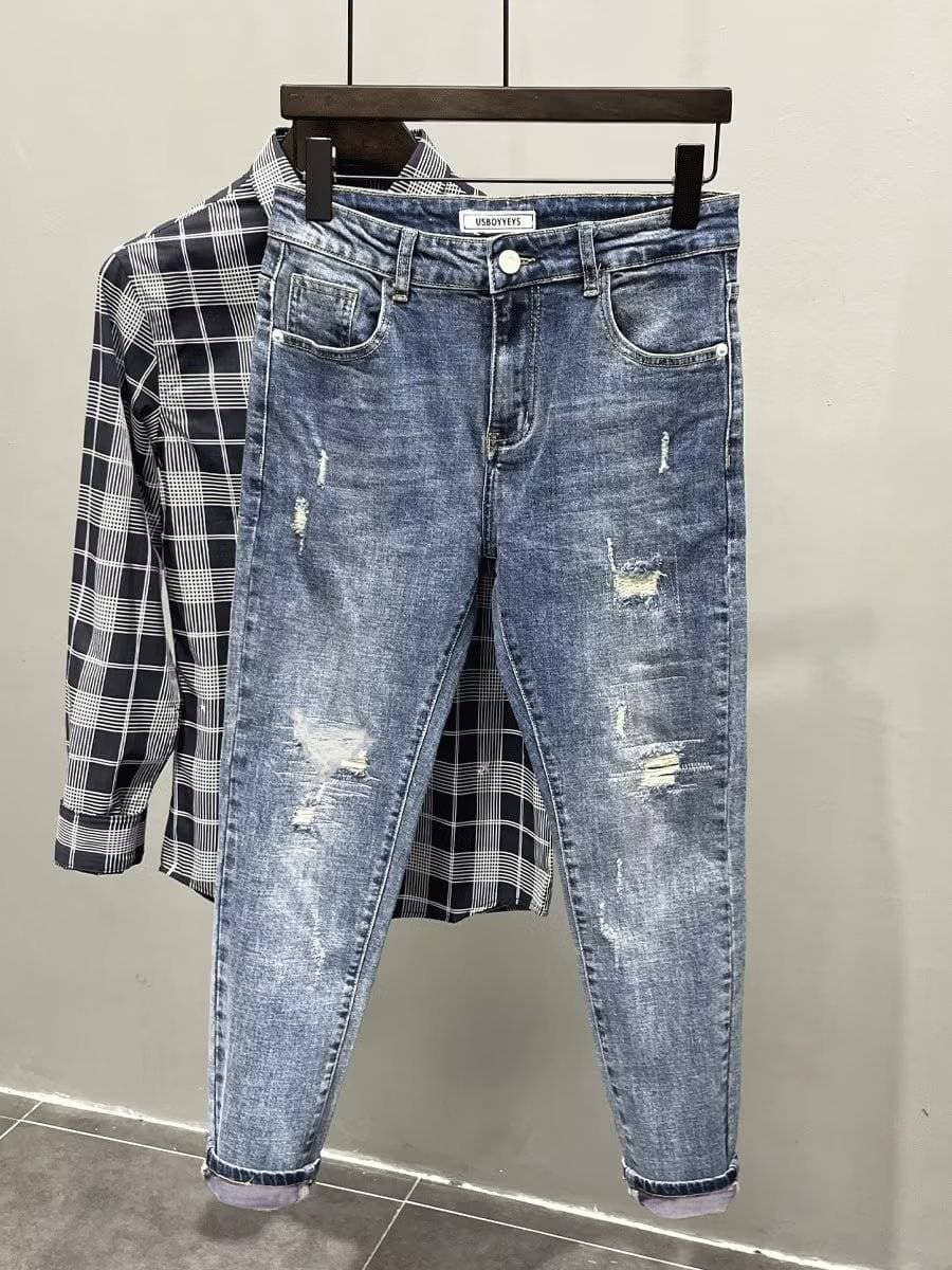 Men's Clothing Light blue jeans men's new spring and autumn ink-splashed slim-fitting slim-fitting all-match stretch nine-point pants
