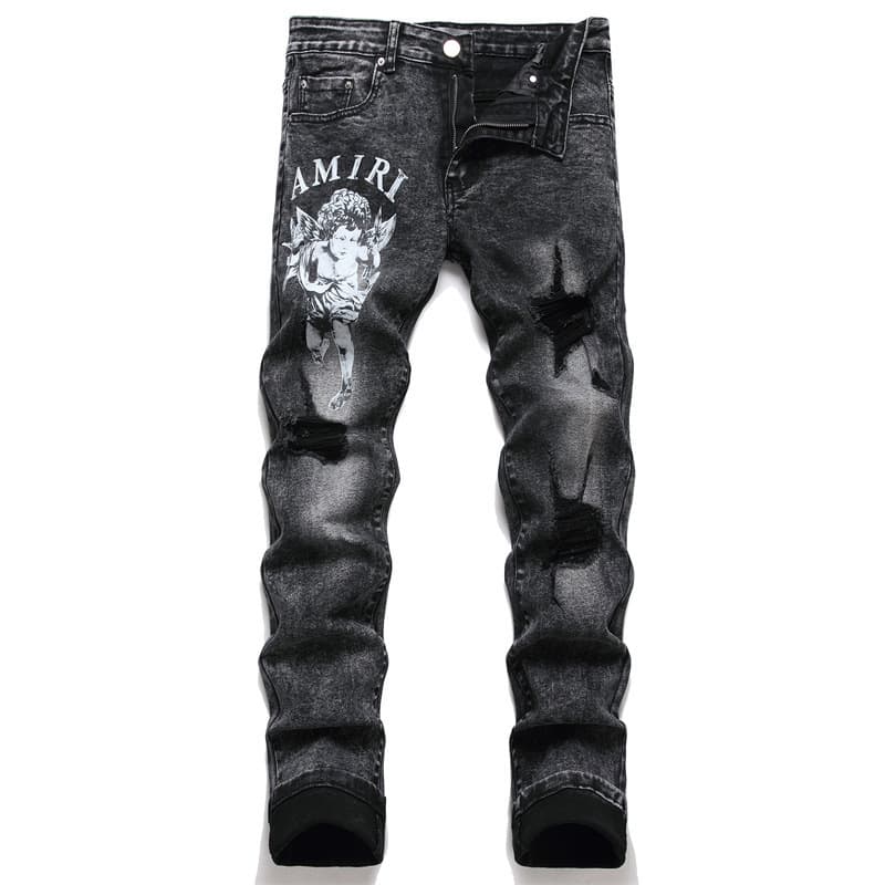 Vêtements pour hommes Jeans déchirés noirs Tendance Stretch Slim-fit Shorts Pantalons pour hommes Imprimé ange
