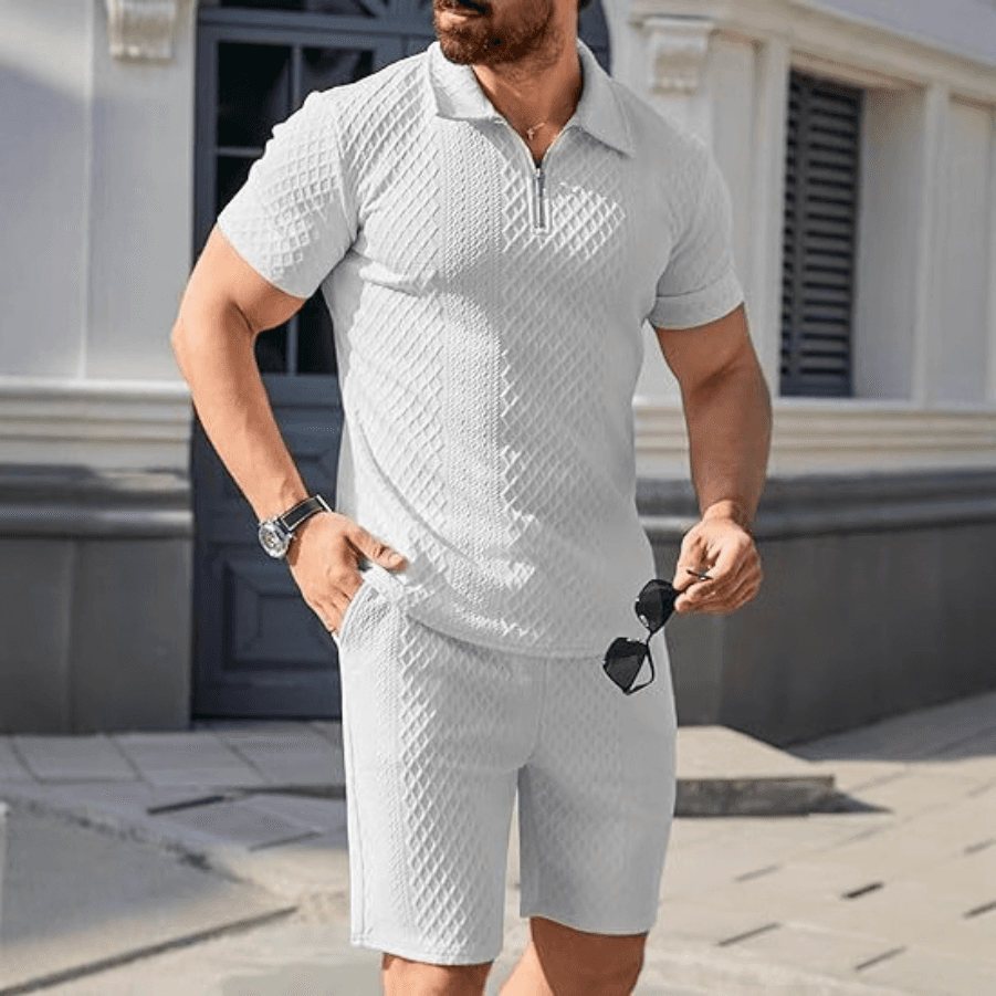 Men's Summer Polo Shirt & Shorts Set – Breathable Jacquard Fabric, Casual Athletic Outfit, S-XXXL (White/Grey/Black/Khaki/Sky Blue)