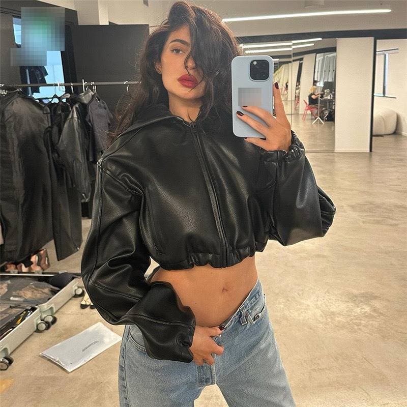 Women's Faux Leather Zip-Up Hooded Cropped Jacket - Streetwear Chic Long Sleeve Biker Style, Slim Fit Ribbed Trim (Black, XS-L)