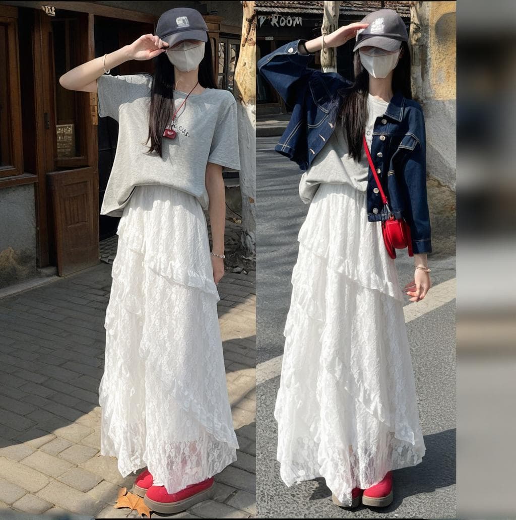 ​​Women's White Asymmetrical Midi Skirt High Waist A-Line Lace Layered Ruffle Skirt For Spring Summer​​