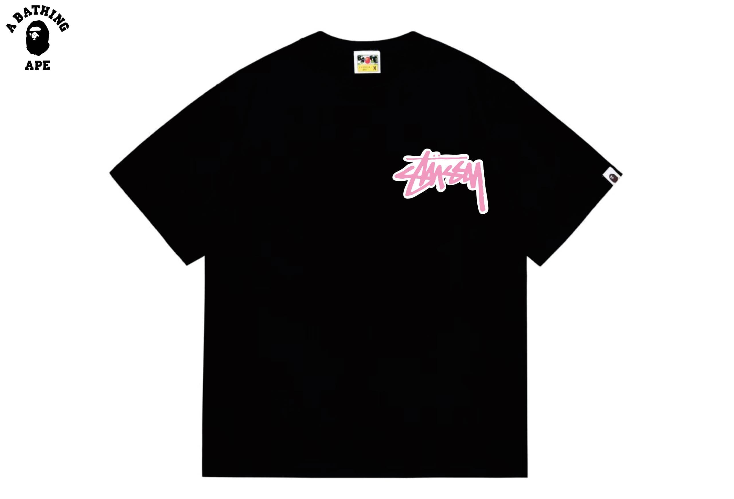A BATHING APE BAPE-BAPE&Stussy Joint Stusey Letter Back Ape Head Printed T-shirt Made Of Pure Cotton Fabric